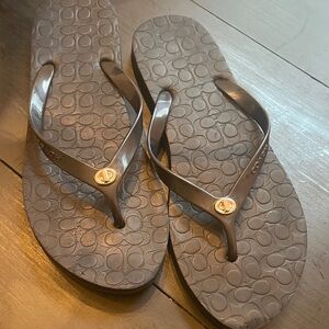 Coach Women's Metallic Taupe Logo Strap Flip Flops